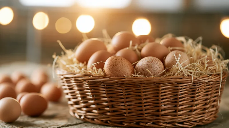 Wicker basket filled with brown eggs nestled in straw on wooden surface with warm bokeh lights in background