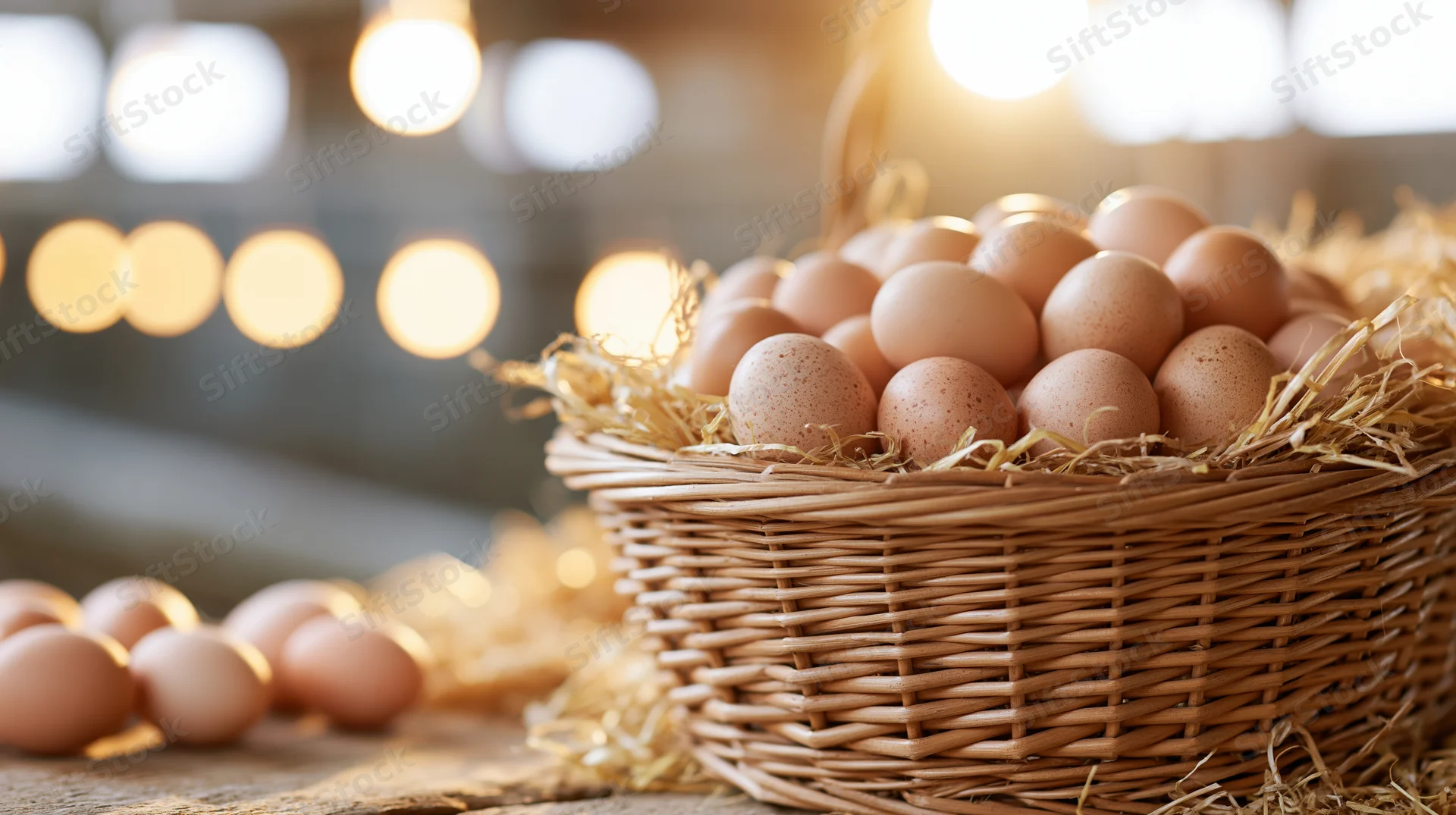 Wicker basket filled with fresh brown eggs nestled in straw on a wooden surface with warm bokeh lights in the background