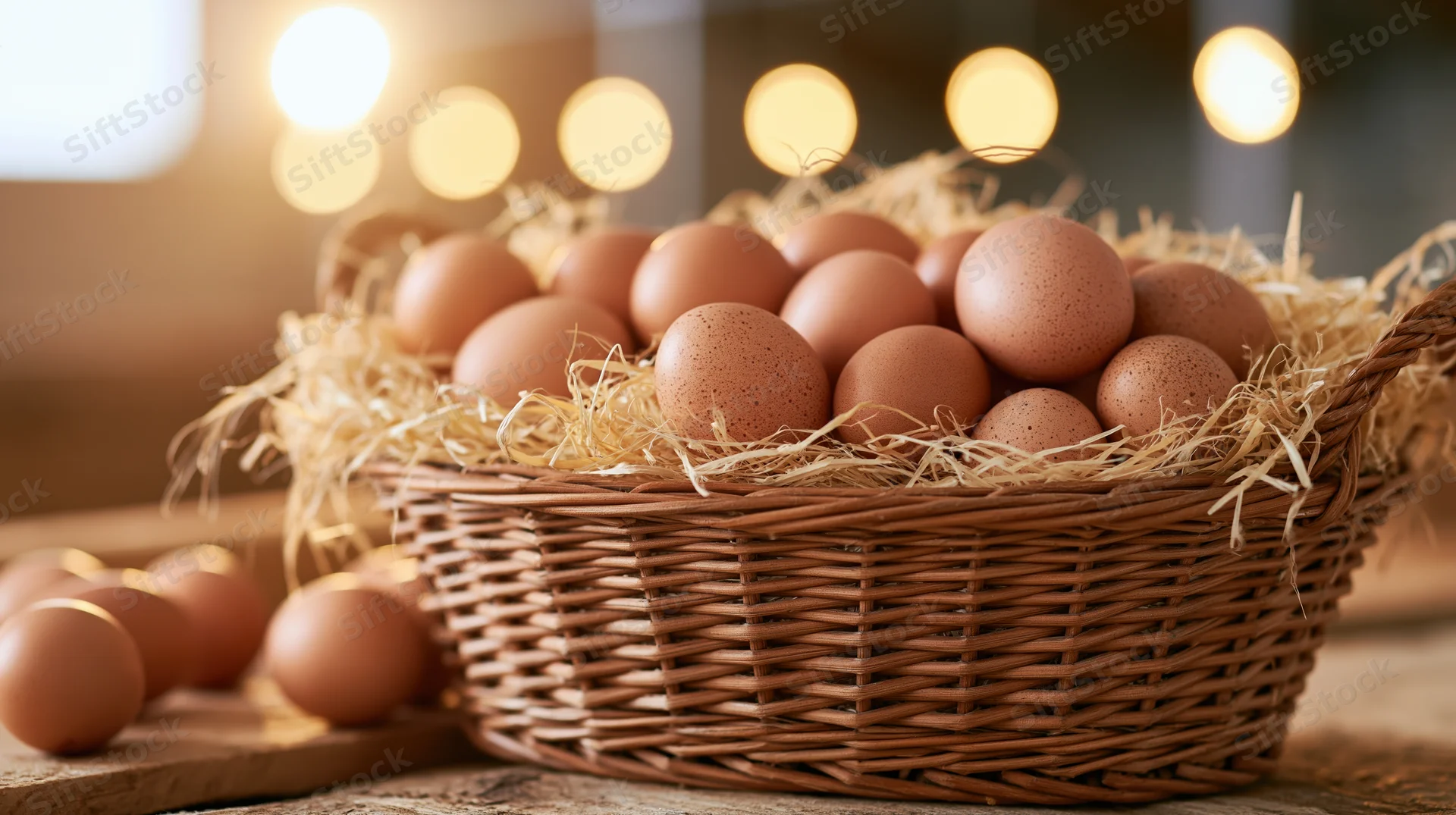 Wicker basket filled with fresh brown eggs nestled in straw on wooden surface