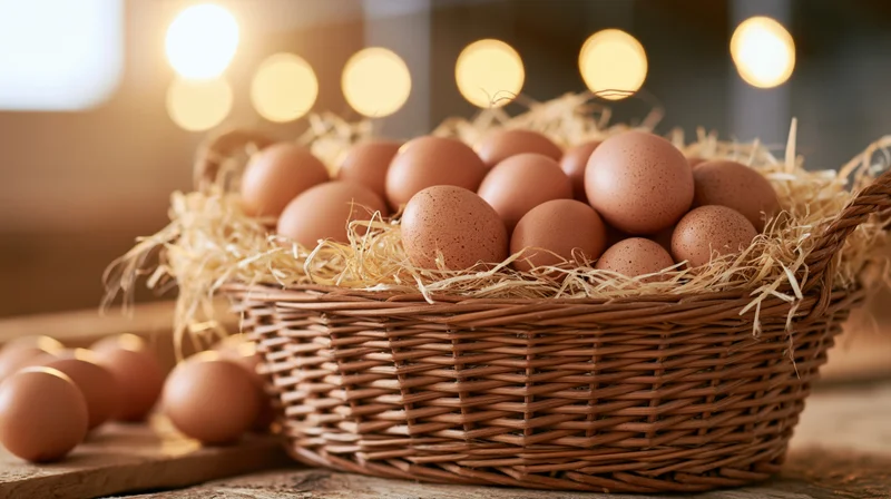 Wicker basket filled with fresh brown eggs nestled in straw on wooden surface