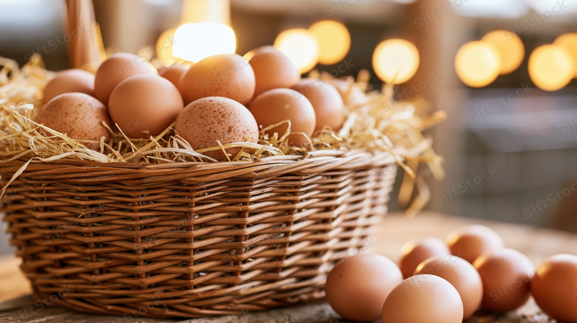 Wicker basket filled with fresh brown eggs nestled in straw on a wooden table