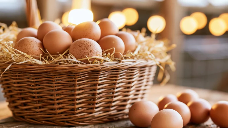 Wicker basket filled with fresh brown eggs nestled in straw on a wooden table