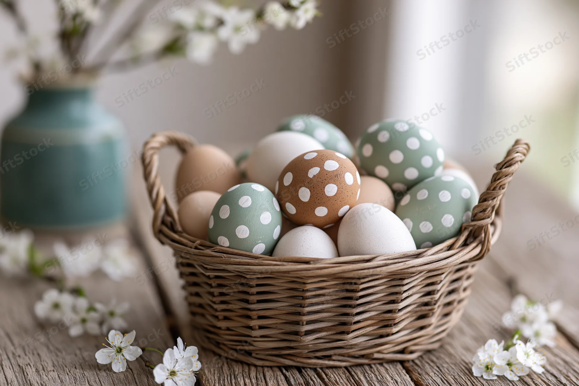 Wicker basket filled with hand-painted easter eggs in natural colors on wooden table with white blossoms and ceramic vase