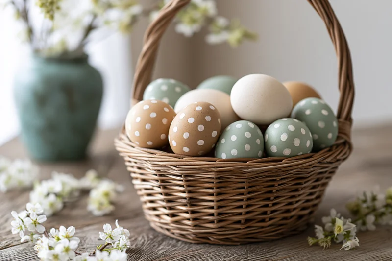Wicker basket filled with hand-painted easter eggs in natural pastel colors on wooden table with white blossoms and ceramic vase