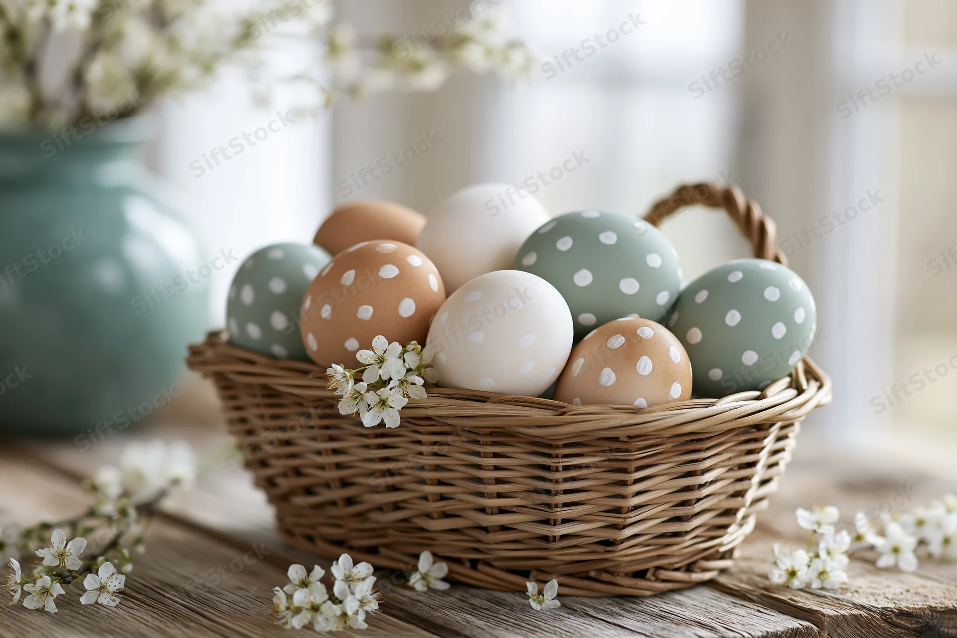 Wicker basket filled with hand-painted easter eggs in natural tones on wooden table with white blossoms and ceramic vase nearby