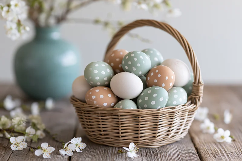 Wicker basket filled with hand-painted easter eggs in natural pastel colors on wooden table with white blossoms and teal vase in background