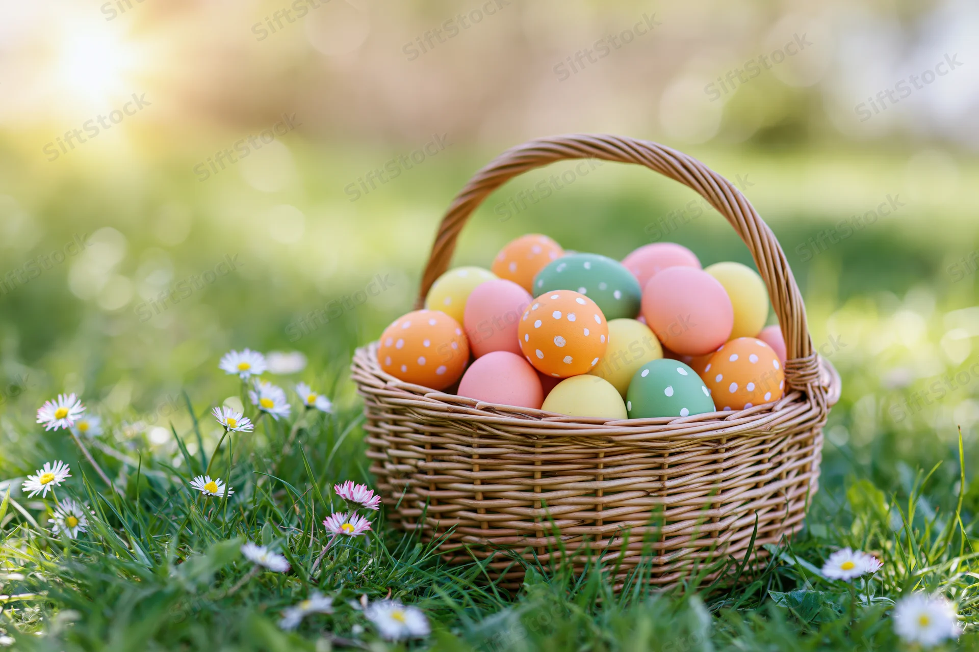 Wicker basket filled with pastel painted easter eggs on grass with daisies in sunlight