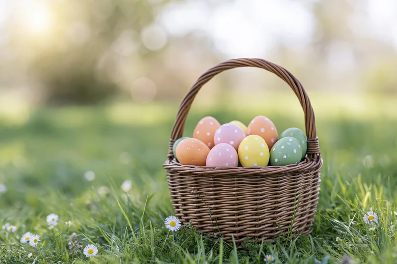 Wicker basket filled with pastel painted easter eggs on grass with daisies in spring sunlight
