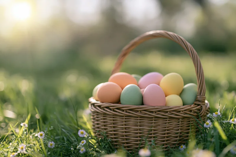 Wicker basket filled with pastel painted easter eggs on grass with daisies in spring sunlight