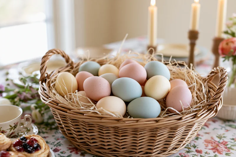 Wicker basket filled with pastel-colored eggs nestled in straw on a floral tablecloth at a decorated dining table