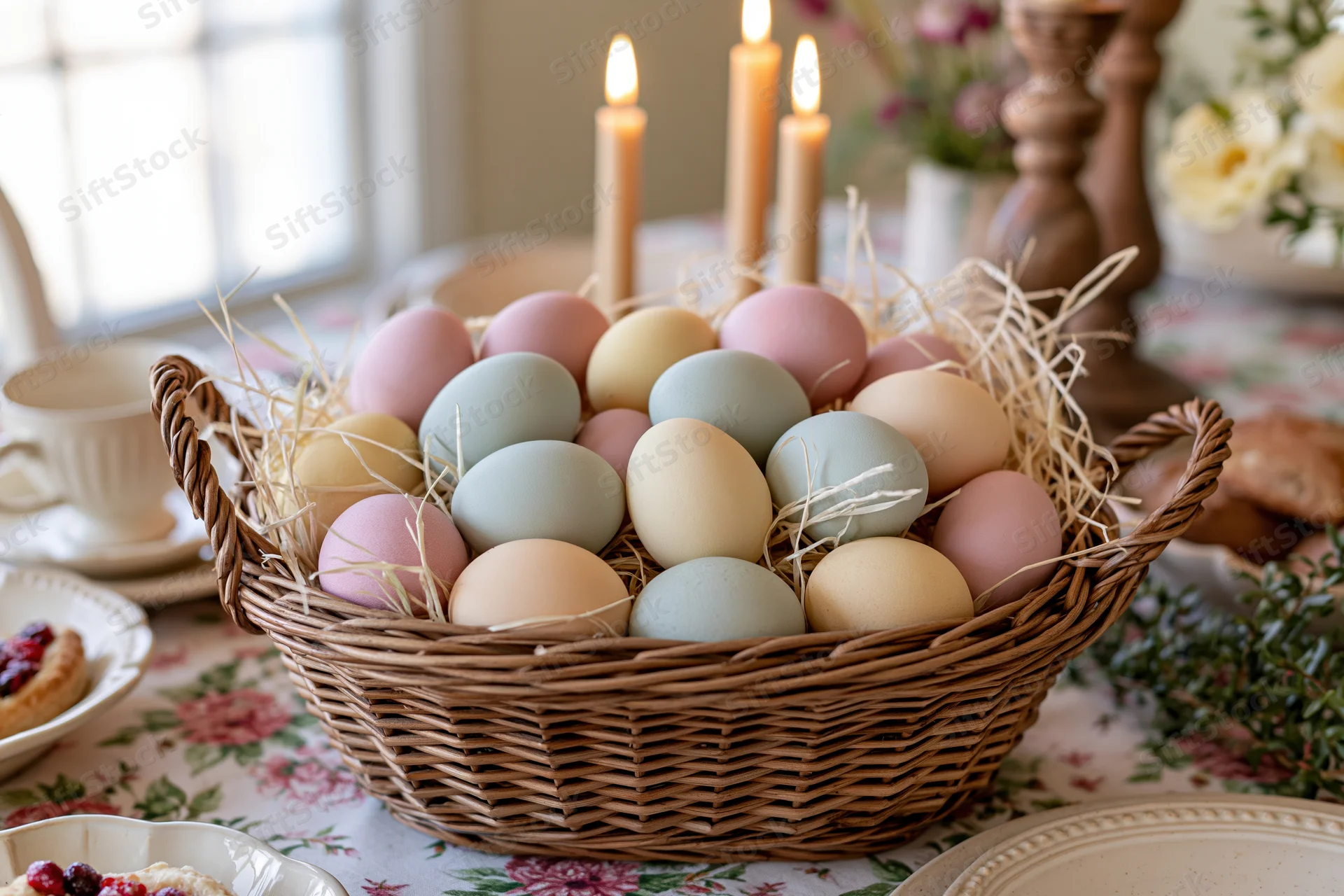 Wicker basket filled with pastel-colored easter eggs nestled in straw on a floral tablecloth with lit candles and breakfast items around