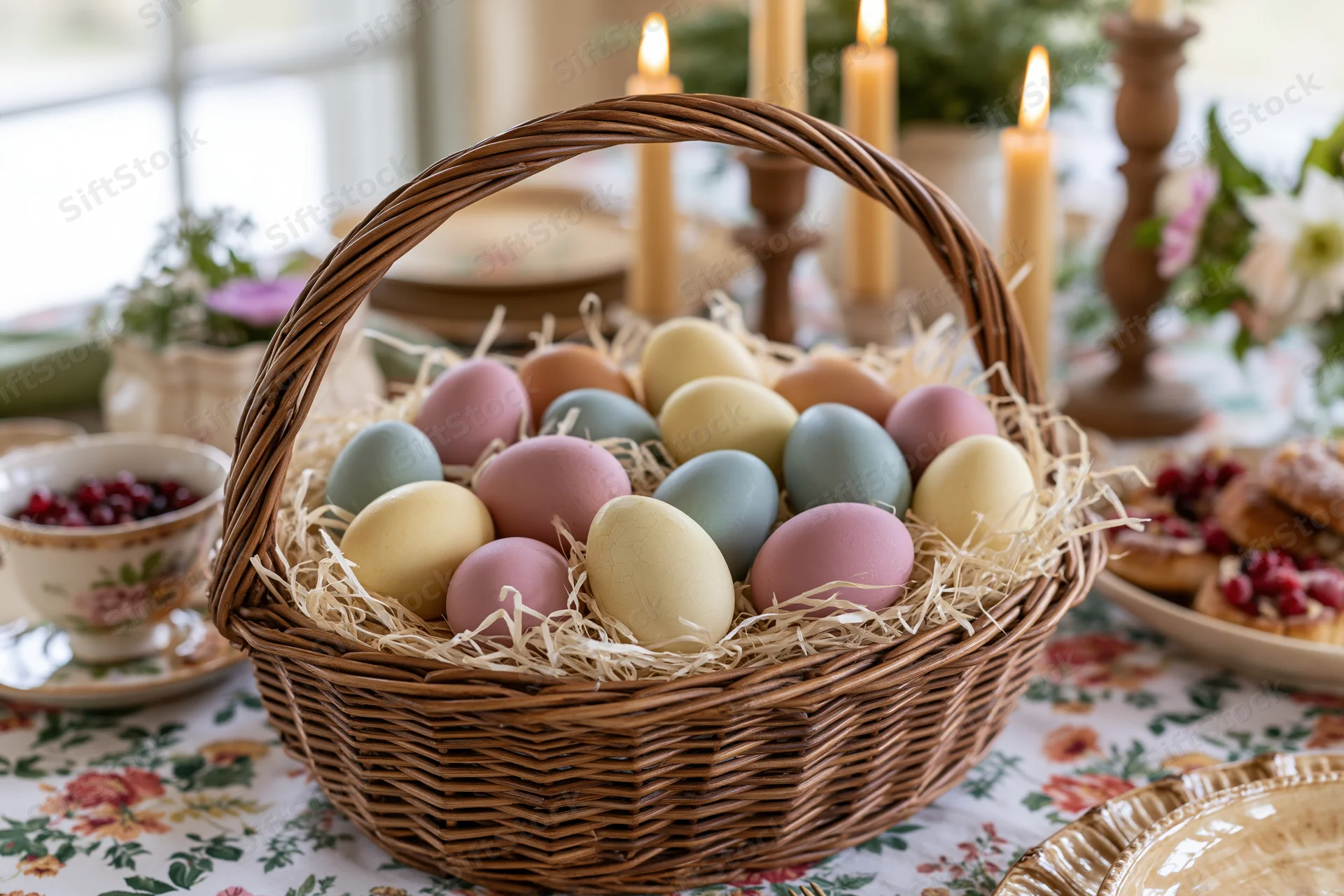 Wicker basket filled with pastel-colored eggs nestled in straw on a floral tablecloth with candles and breakfast items around