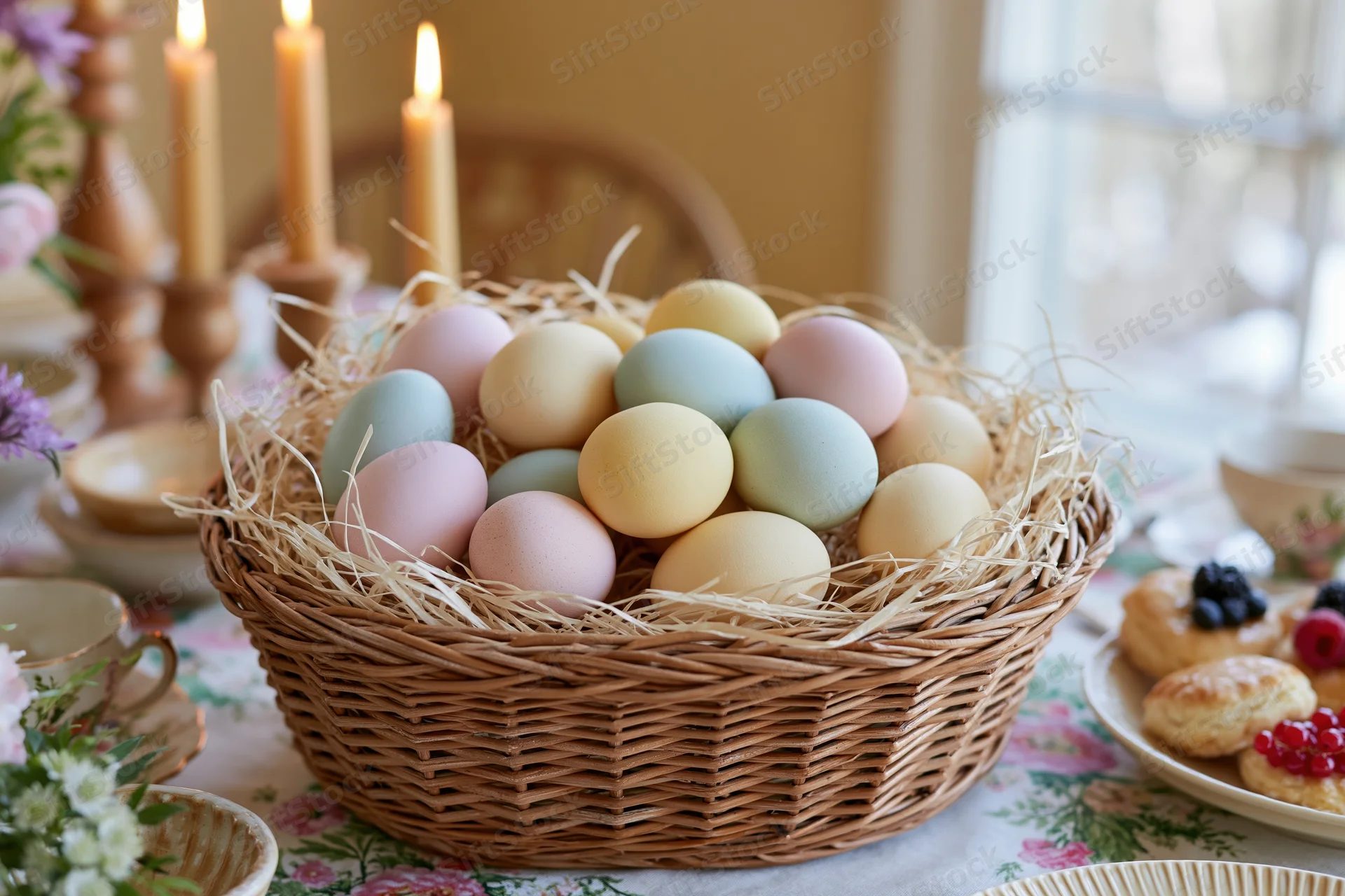 Wicker basket filled with pastel-colored easter eggs on a decorated dining table with candles and breakfast items