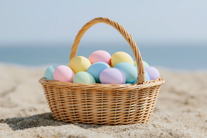 Wicker basket filled with pastel-colored easter eggs on sandy beach near ocean