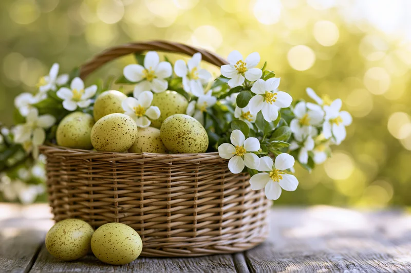 Wicker basket filled with white spring blossoms and speckled eggs on a wooden table outdoors