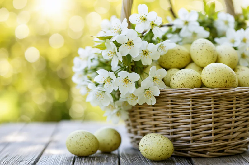 Wicker basket filled with white spring blossoms and speckled eggs on wooden table outdoors