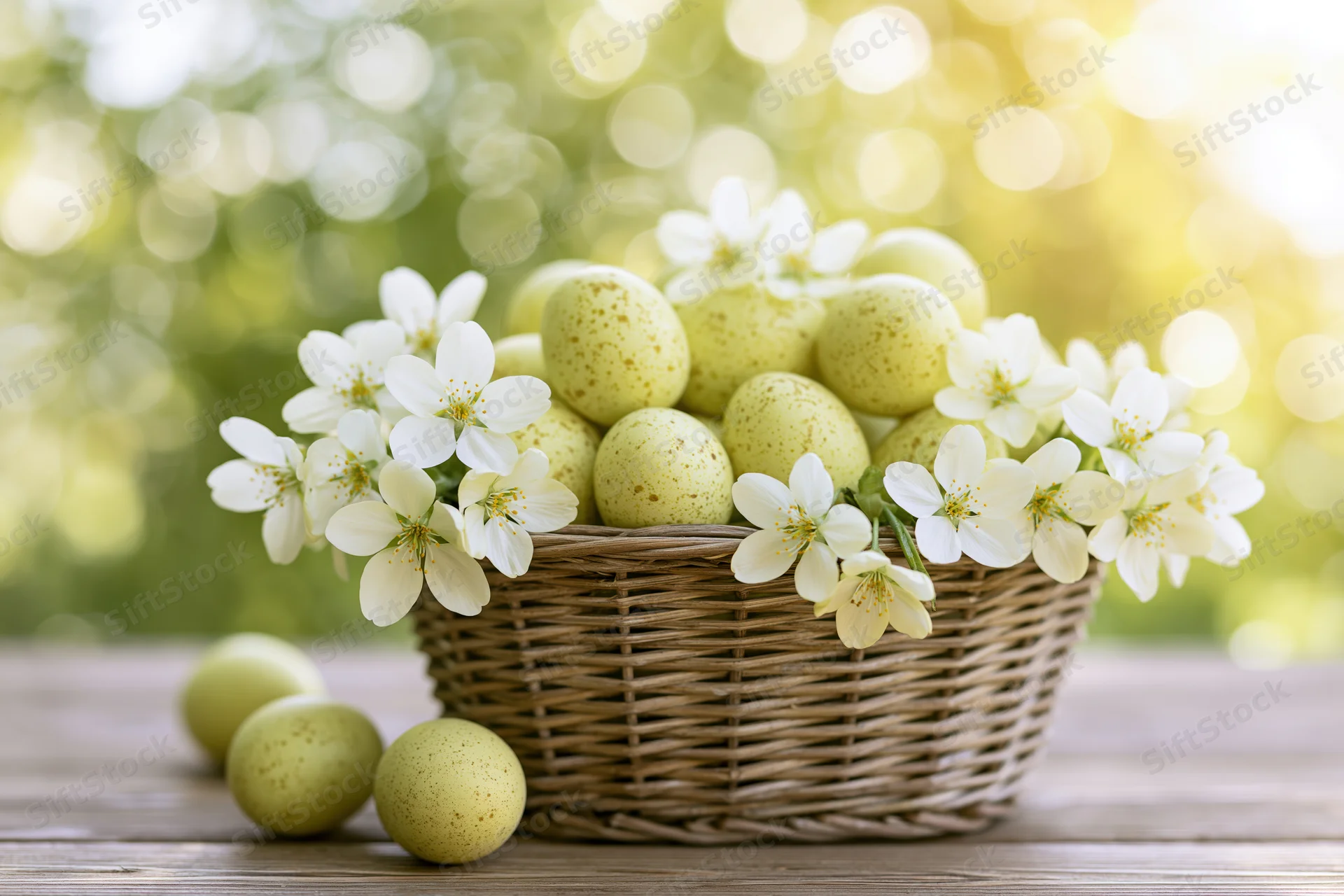 Wicker basket filled with speckled eggs and white spring blossoms on a wooden table outdoors