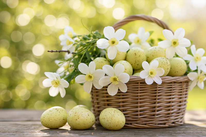 Wicker basket filled with white spring blossoms and speckled eggs on wooden table outdoors