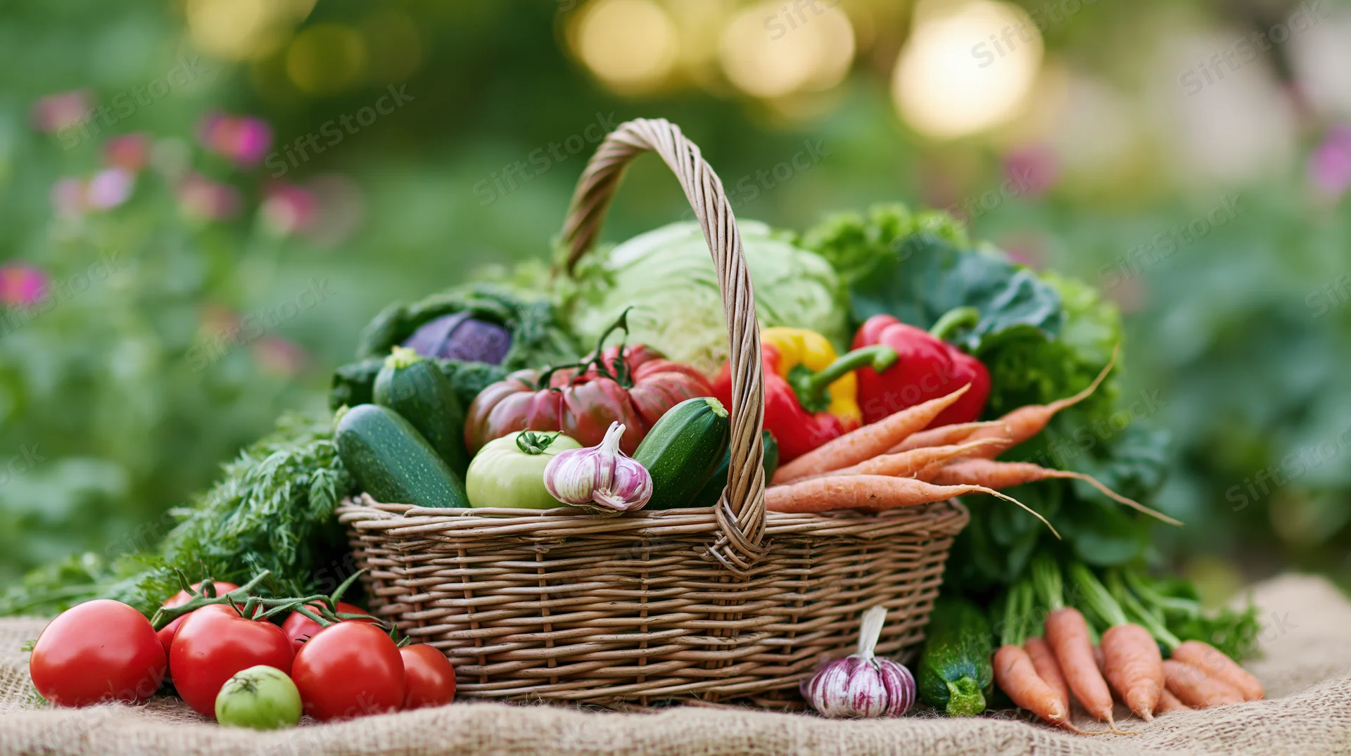 Wicker basket overflowing with freshly harvested vegetables on burlap in a garden