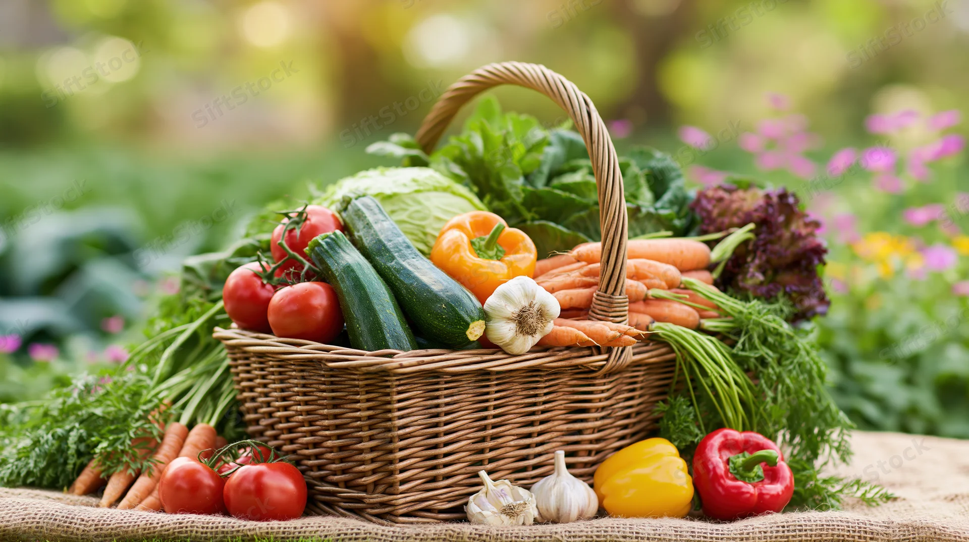 Wicker basket overflowing with fresh vegetables on burlap in a garden