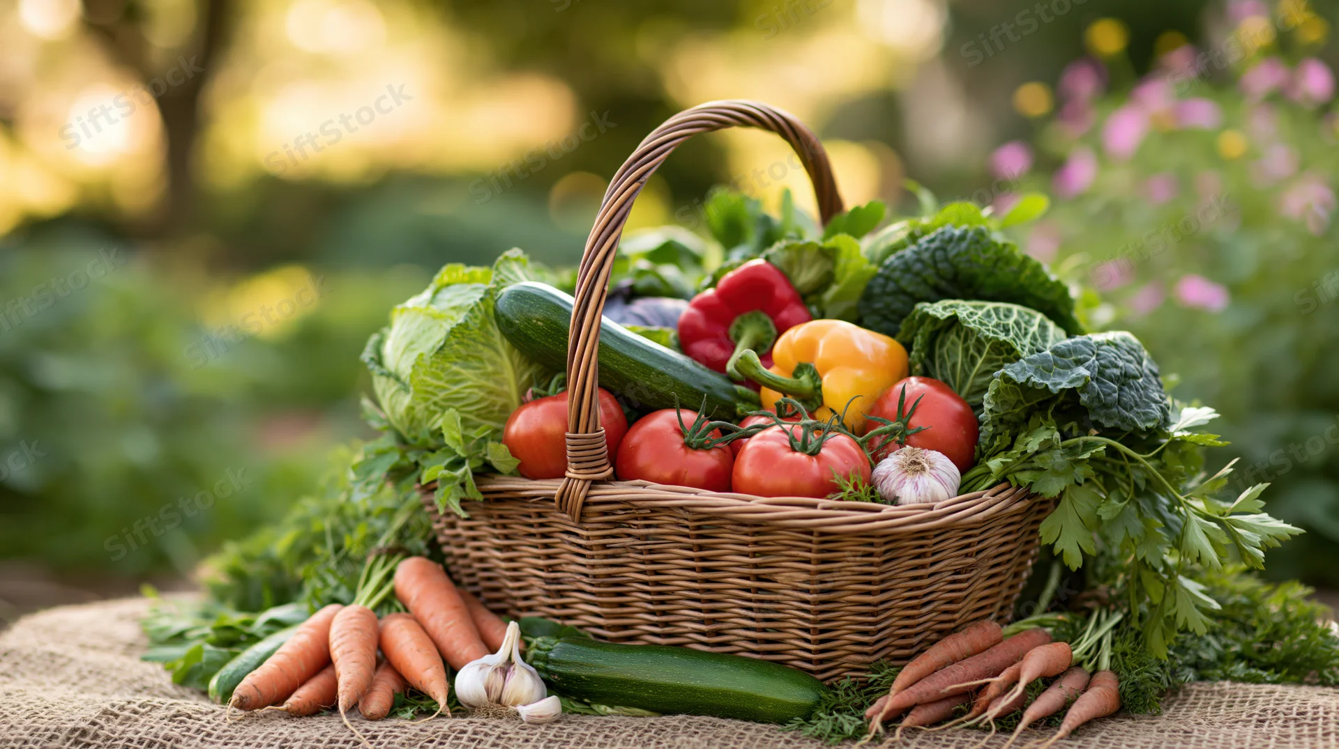 Wicker basket overflowing with fresh vegetables on burlap in a garden