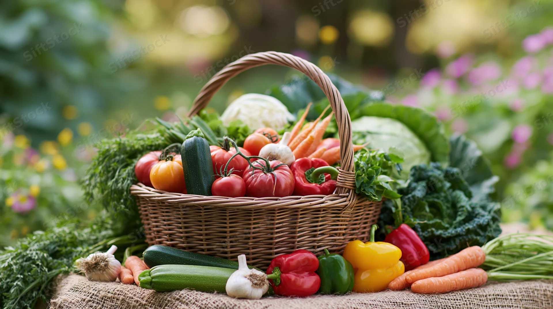 Wicker basket overflowing with freshly harvested vegetables on burlap in a garden