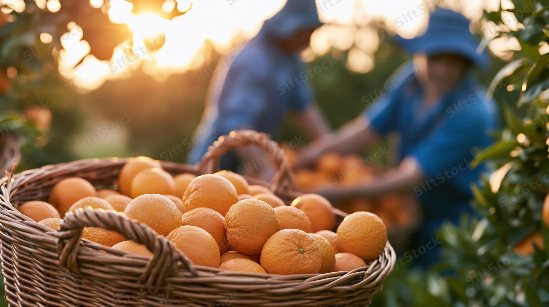 Wicker basket overflowing with freshly picked oranges in an orchard at golden hour with farm workers harvesting in the background