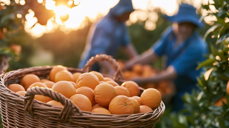 Wicker basket overflowing with freshly picked oranges in an orchard at golden hour with farm workers harvesting in the background