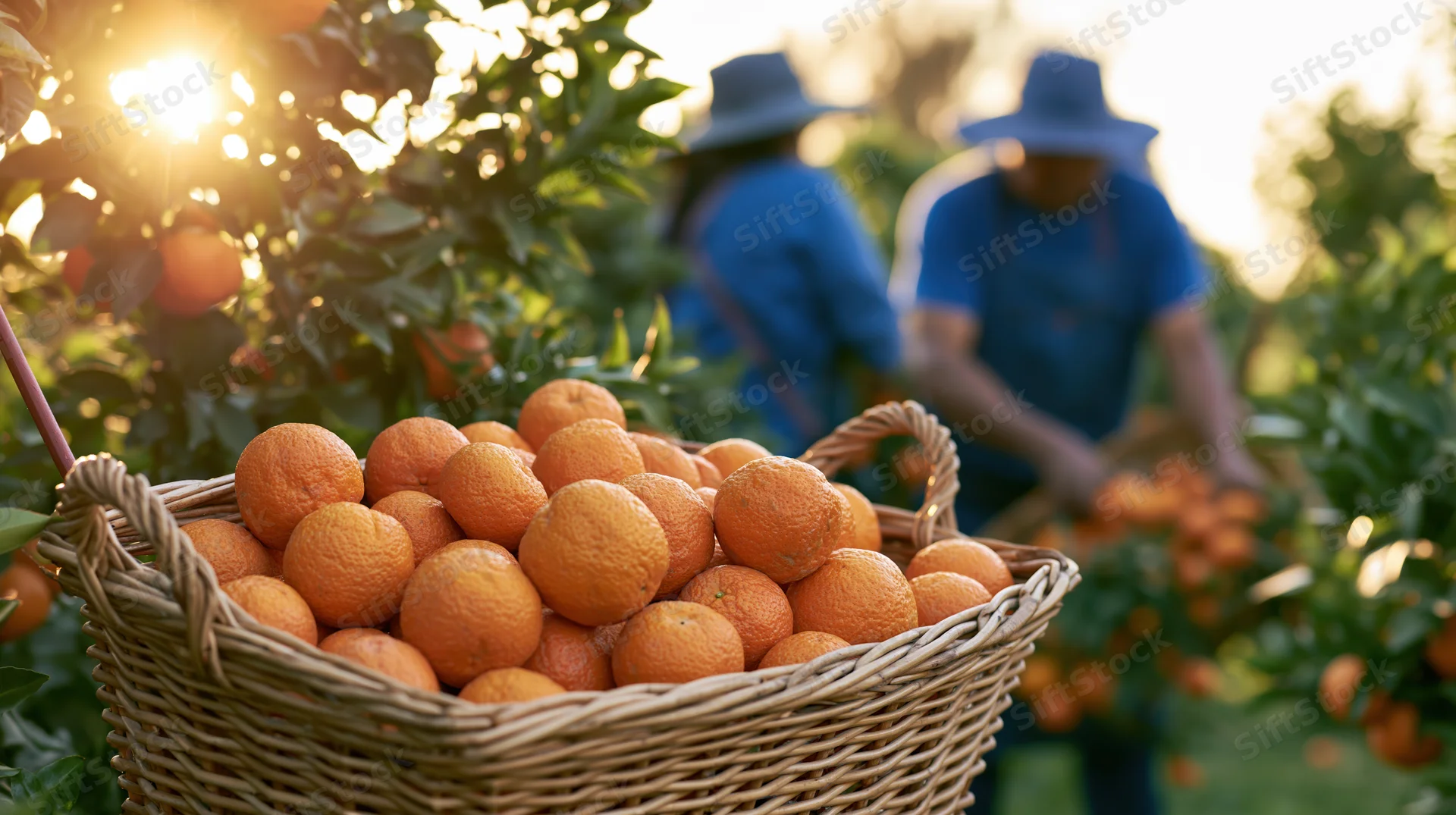 Wicker basket overflowing with freshly picked oranges in an orchard with farmworkers harvesting in the background during golden hour