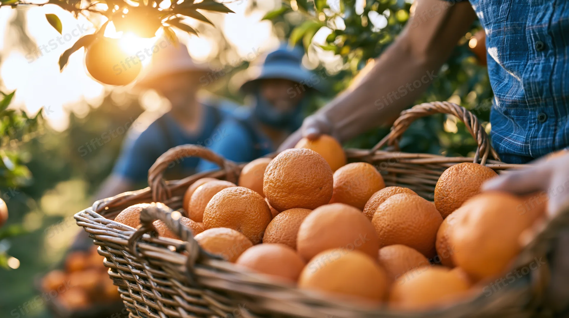 Farmer filling wicker basket with freshly picked oranges in orchard at golden hour
