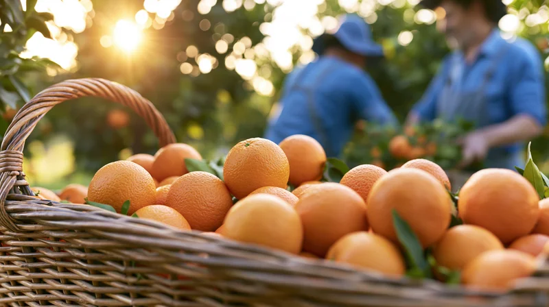 Wicker basket overflowing with freshly picked oranges in an orchard with farmers harvesting in the background