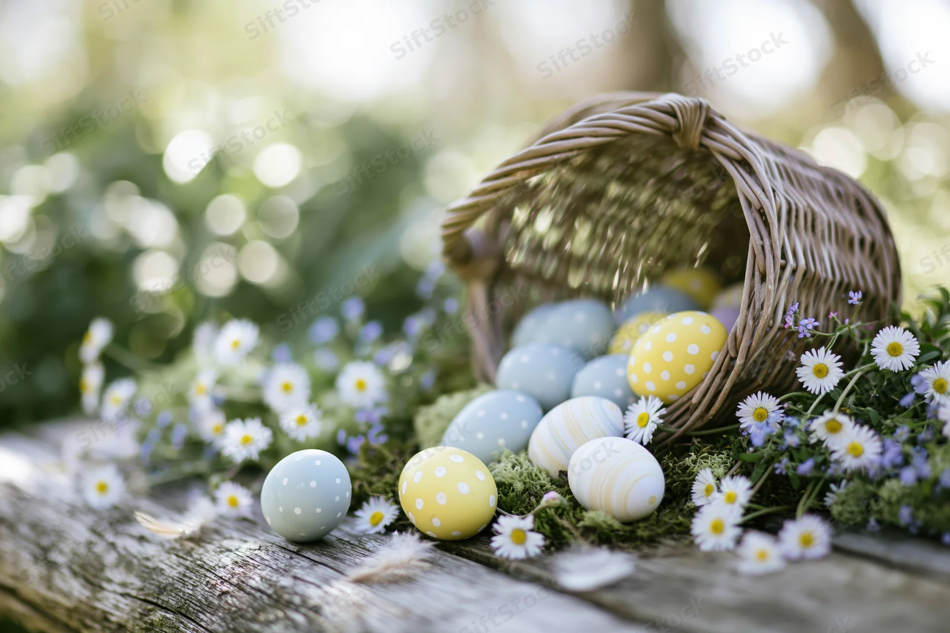 Wicker basket tipped over spilling pastel decorated eggs among daisies and moss on a wooden surface in a garden