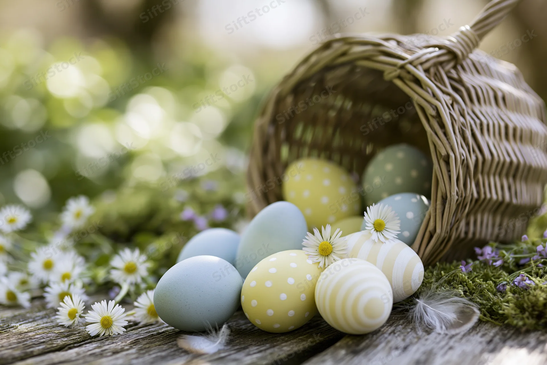Pastel easter eggs spilling from a tipped wicker basket on a wooden surface surrounded by daisies and moss
