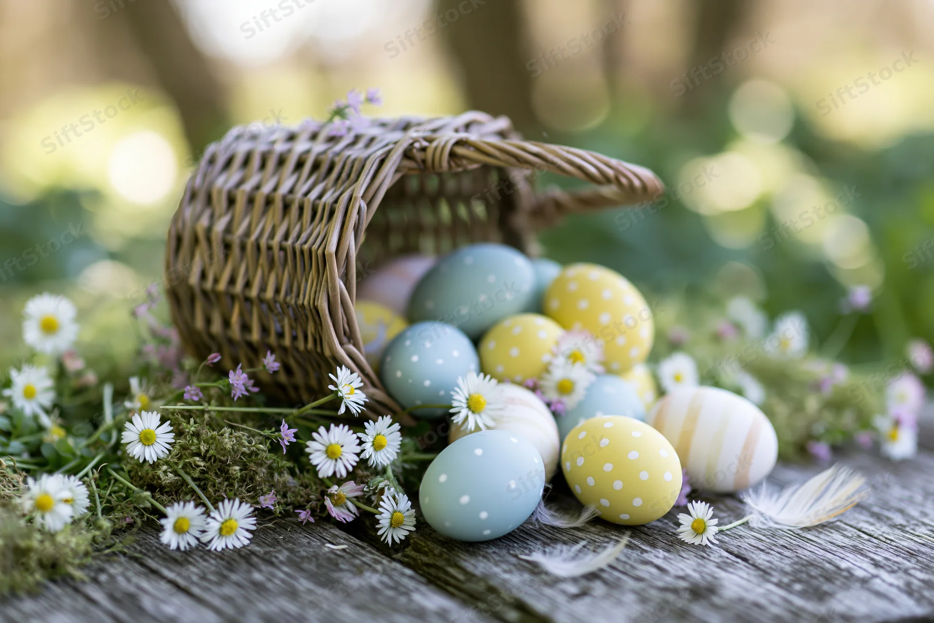 Tipped wicker basket spilling pastel easter eggs among daisies on wooden surface