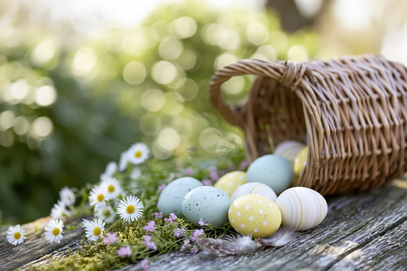 Tipped wicker basket spilling pastel decorated eggs onto mossy wooden surface with daisies and soft green bokeh background