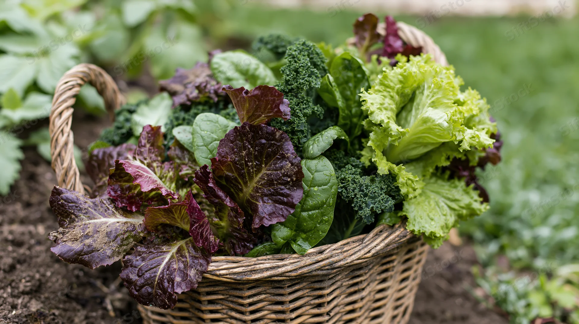 Wicker basket filled with freshly picked mixed salad vegetables in a garden