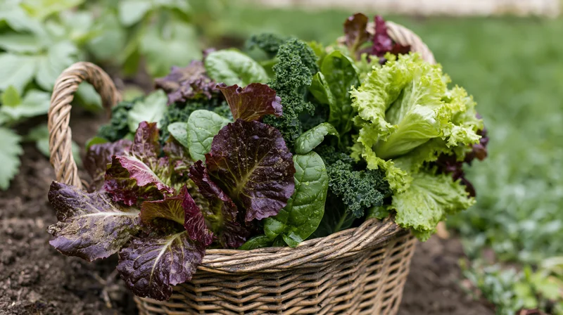 Wicker basket filled with freshly picked mixed salad vegetables in a garden