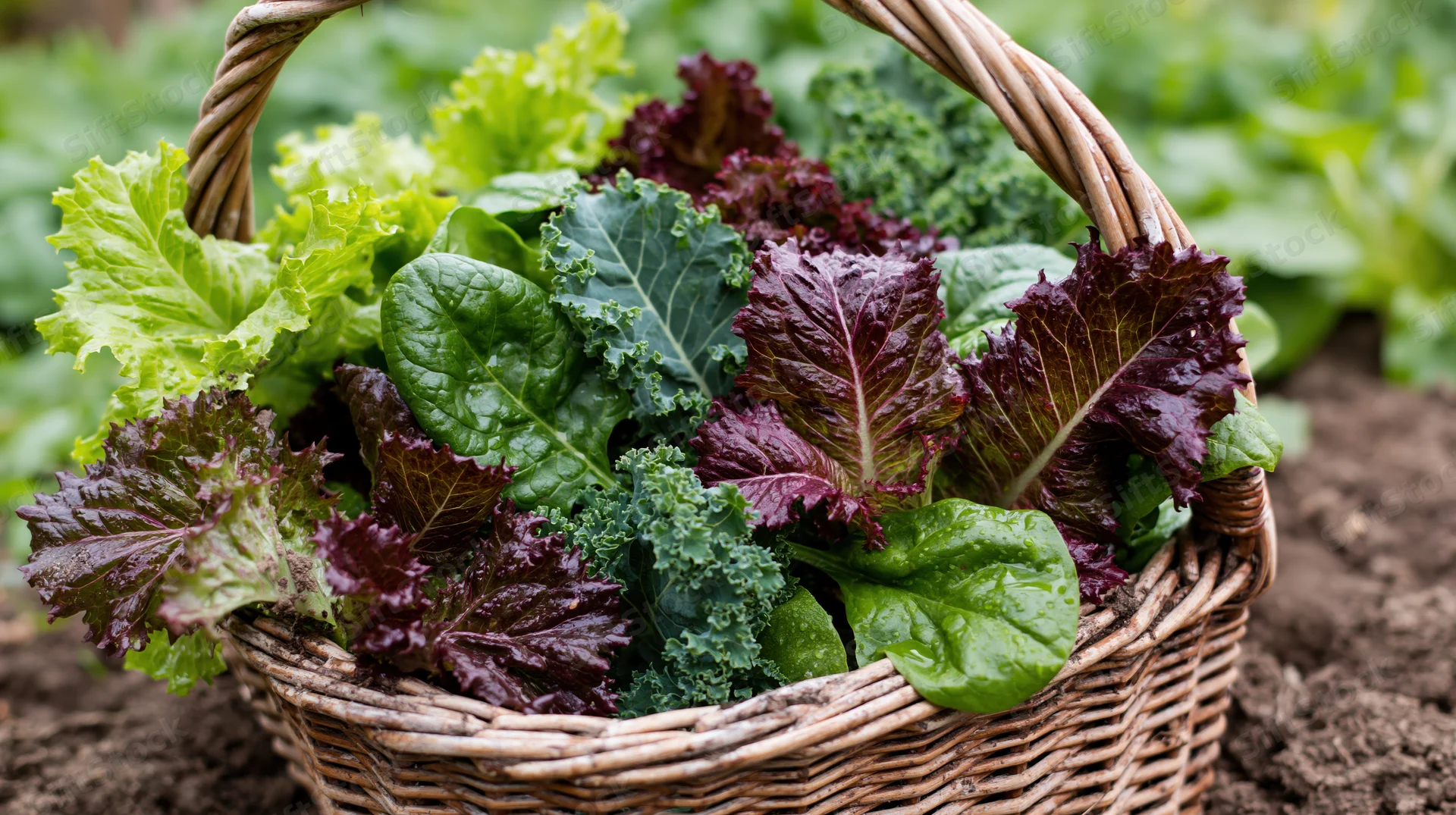 Wicker basket filled with mixed fresh salad greens in a garden