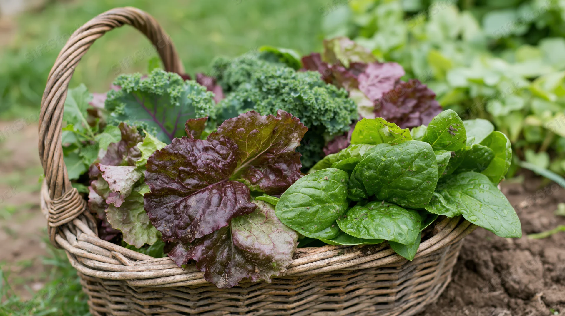 Wicker basket filled with freshly picked mixed salad greens in a garden