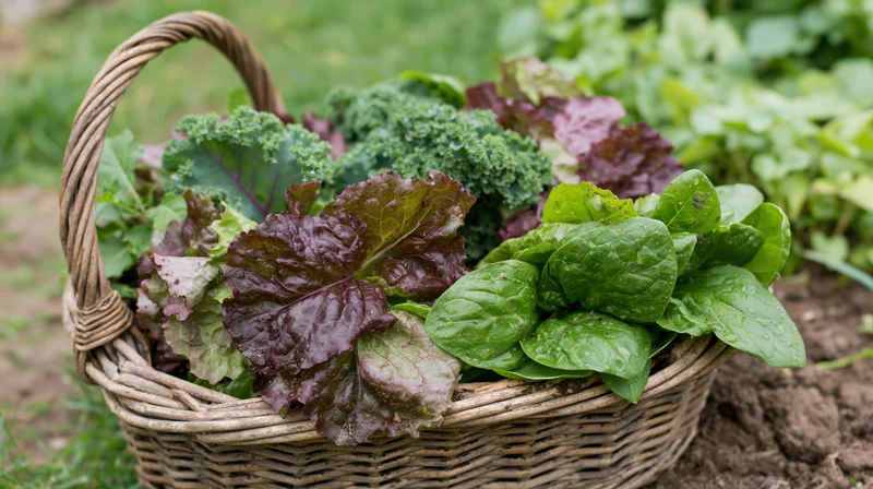 Wicker basket filled with freshly picked mixed salad greens in a garden