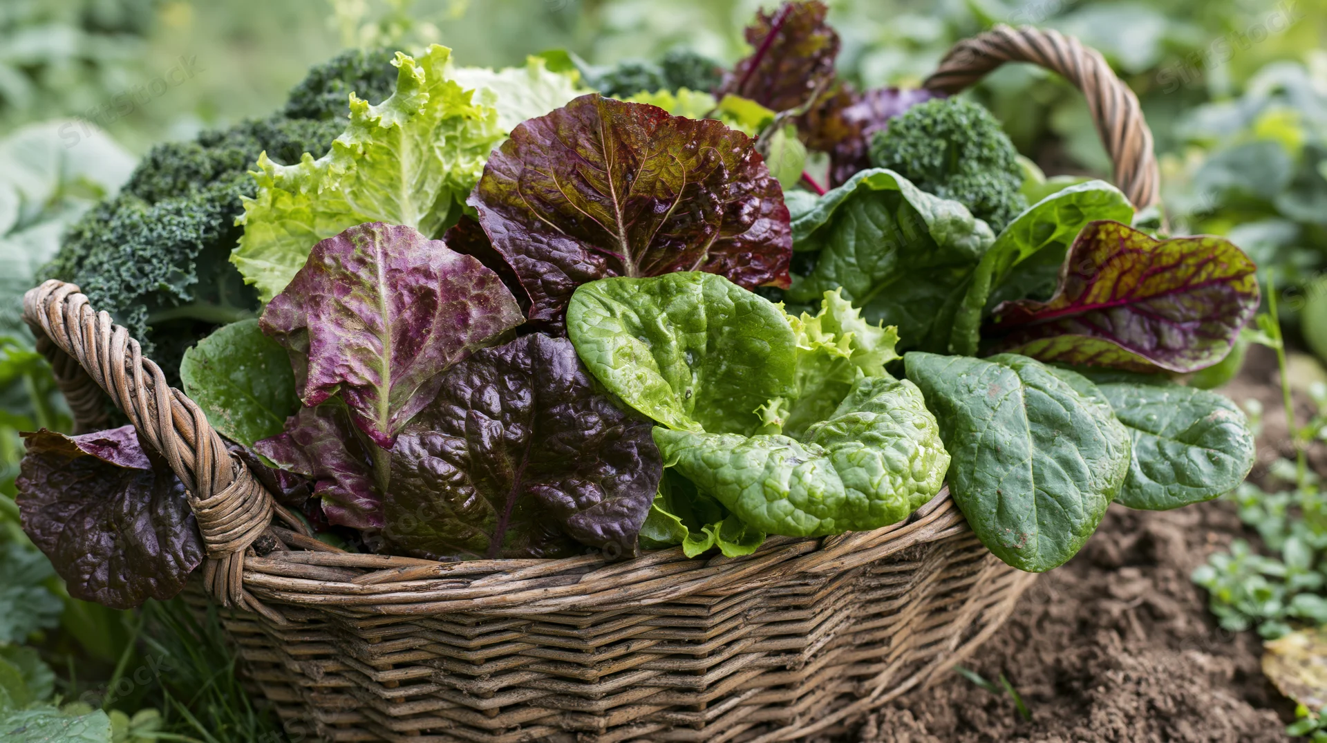 Wicker basket filled with freshly picked mixed salad in a garden