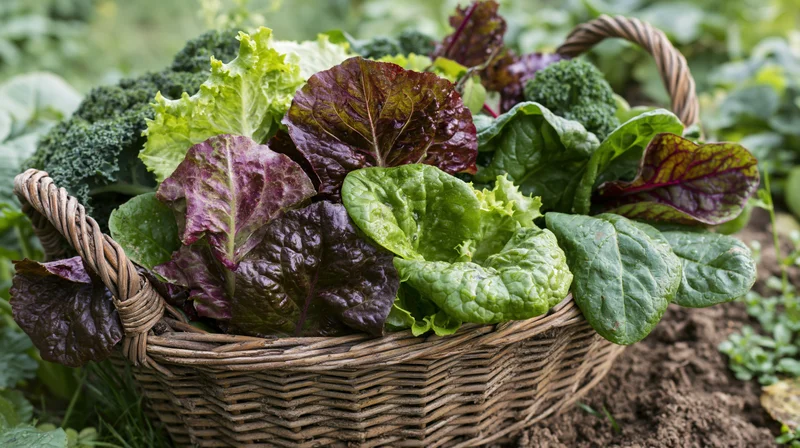 Wicker basket filled with freshly picked mixed salad in a garden