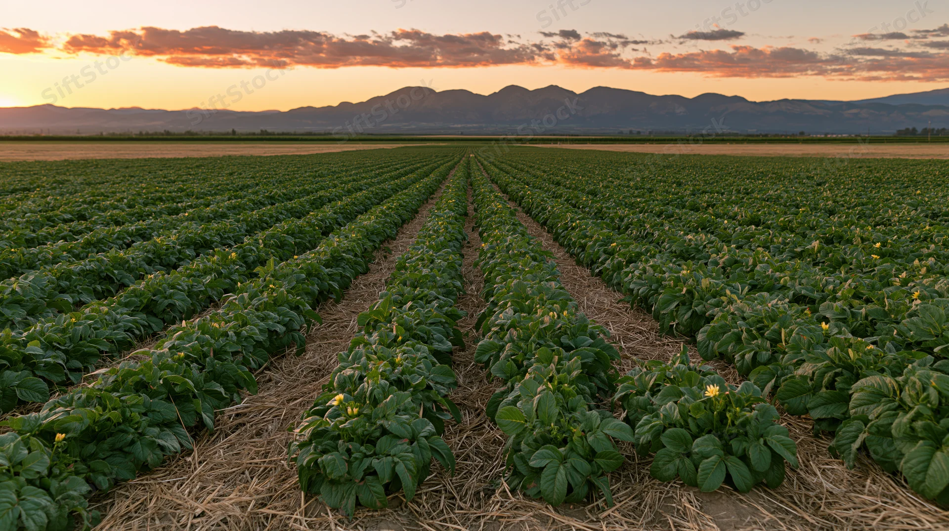 Rows of green crop plants growing in a field at sunset with mountains in the distance