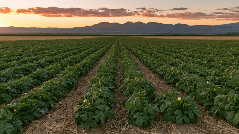 Rows of green crop plants growing in a field at sunset with mountains in the distance
