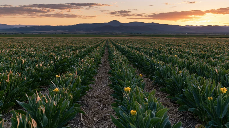 Rows of green crop plants with small yellow flowers in a vast field at sunset with mountains in the distance