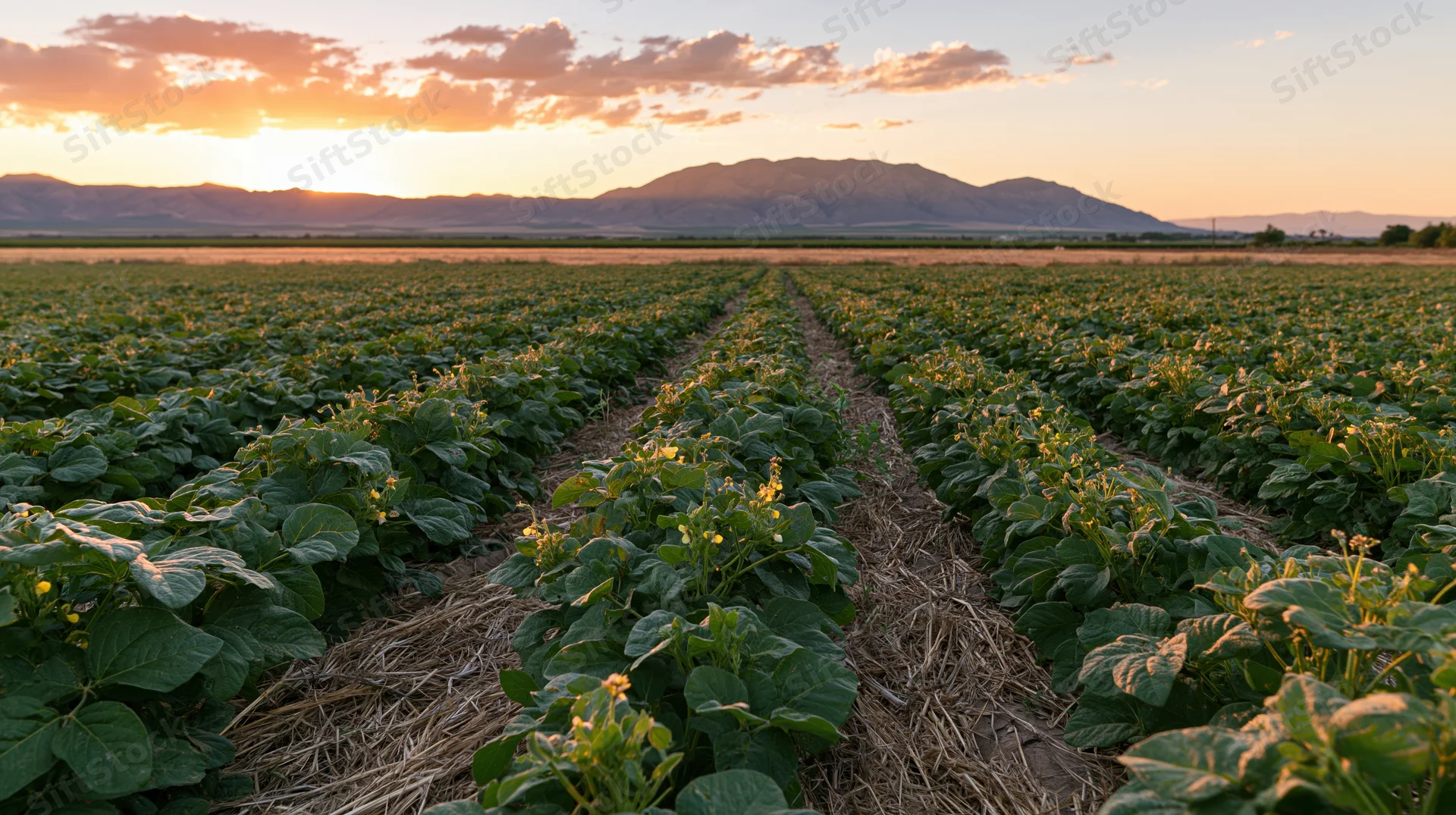 Rows of green crop plants with small yellow flowers in a field at sunset with mountains in the distance
