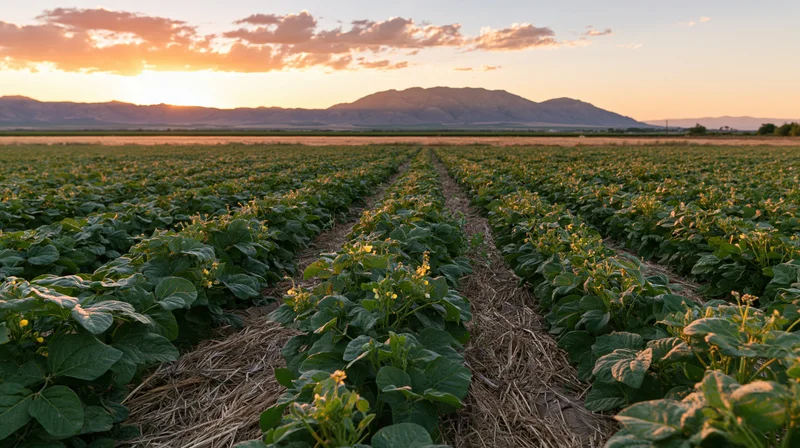 Rows of green crop plants with small yellow flowers in a field at sunset with mountains in the distance