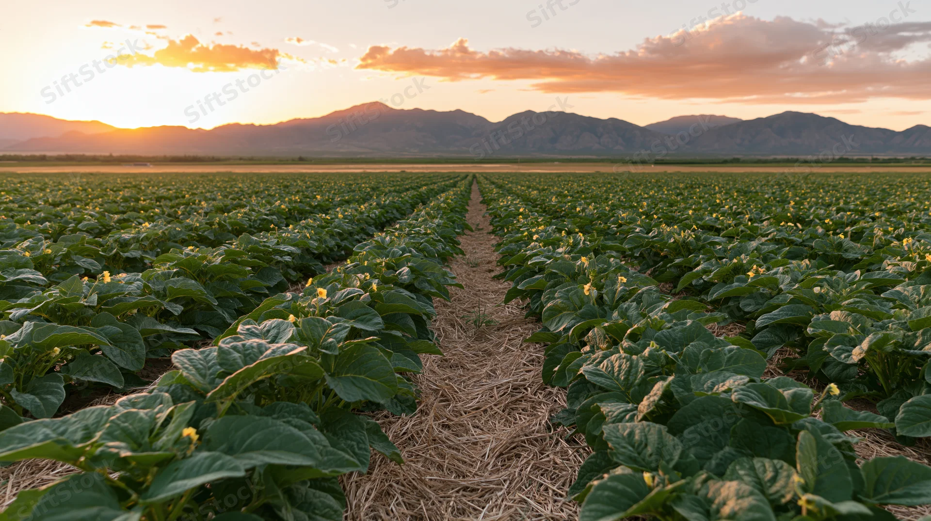 Rows of green crop plants with small yellow flowers in a field at sunset with mountains in the distance