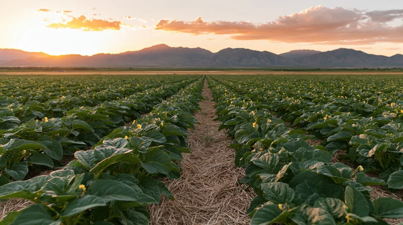 Rows of green crop plants with small yellow flowers in a field at sunset with mountains in the distance