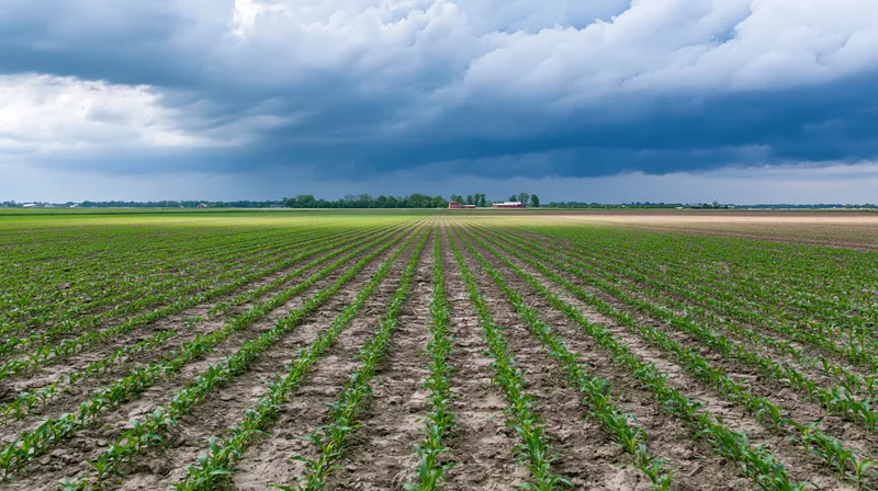 Rows of young corn plants growing in a flat agricultural field under a stormy sky